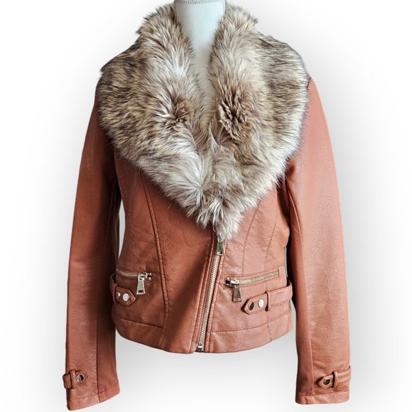 New York & Company Jackets & Blazers - NWT New York & Company Brown Faux Leather Faux Fur Collar Jacket.  US Size L.
